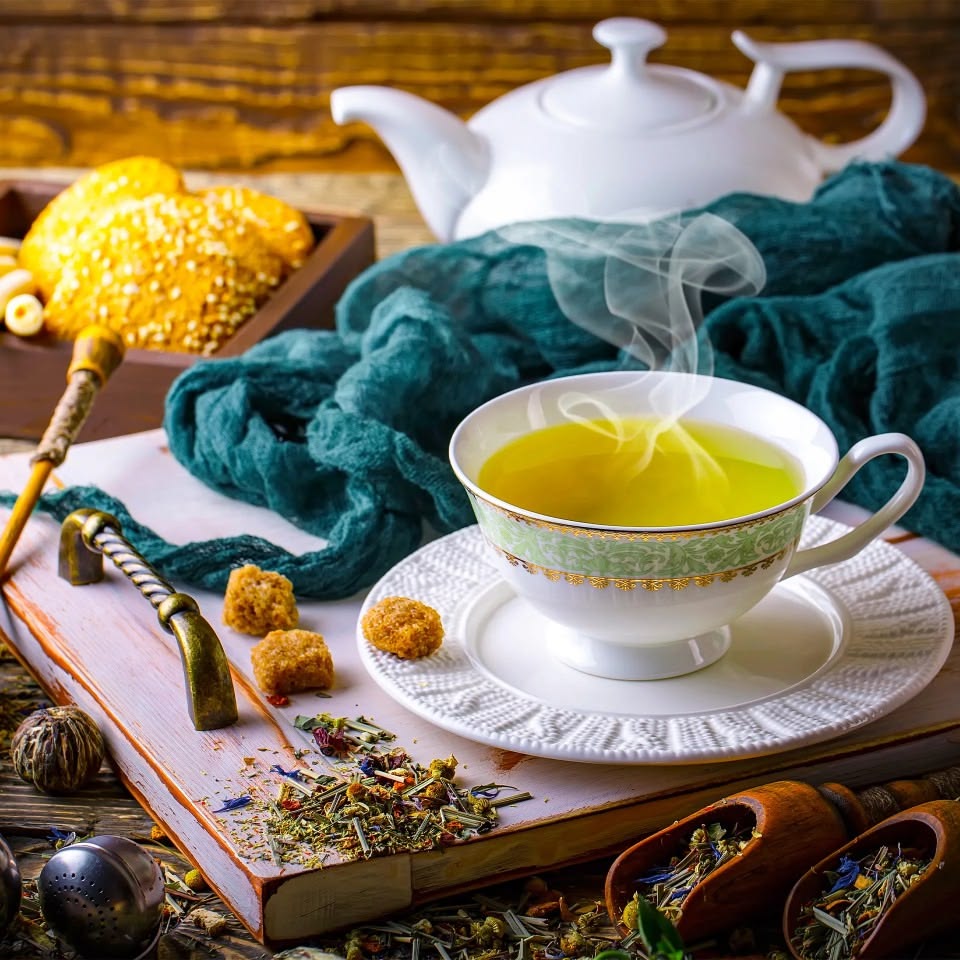 Glass teapot of amber herbal infusion beside loose dried chamomile and mint on a linen cloth